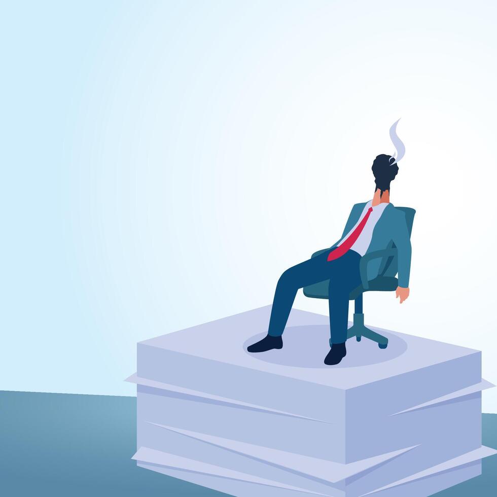 A man with a burnt match head sitting on a pile of papers. A metaphorical illustration for burnout, stress and work fatigue. vector