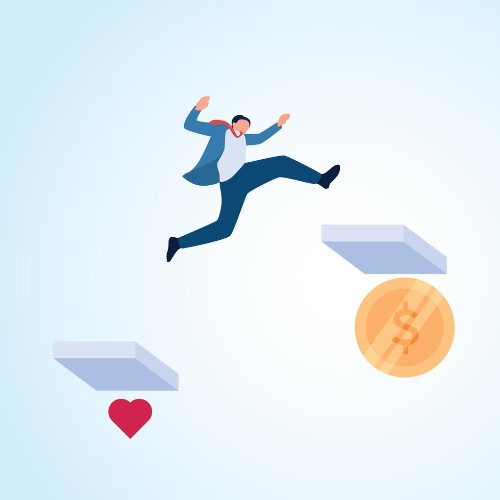 A man jumps from love to money. A metaphorical illustration of a profitable hobby, a money-making passion and a job you love. vector