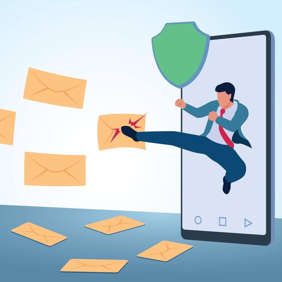 A man comes out of his phone kicking an incoming email. A metaphorical illustration for spam protection, fake emails and cyber security. vector