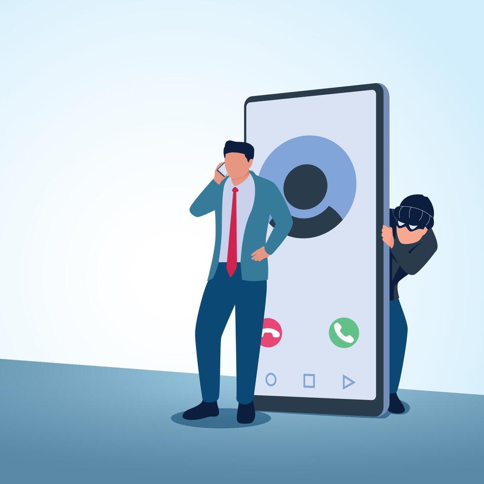 A man picks up the phone and behind him a thief lurks. A metaphorical illustration of fake phone calls, fraud and blackmail. vector