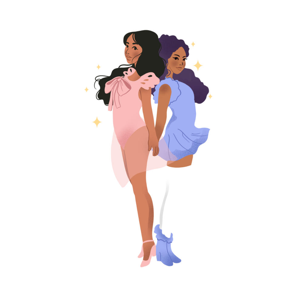 Two women in dresses standing next to each other png