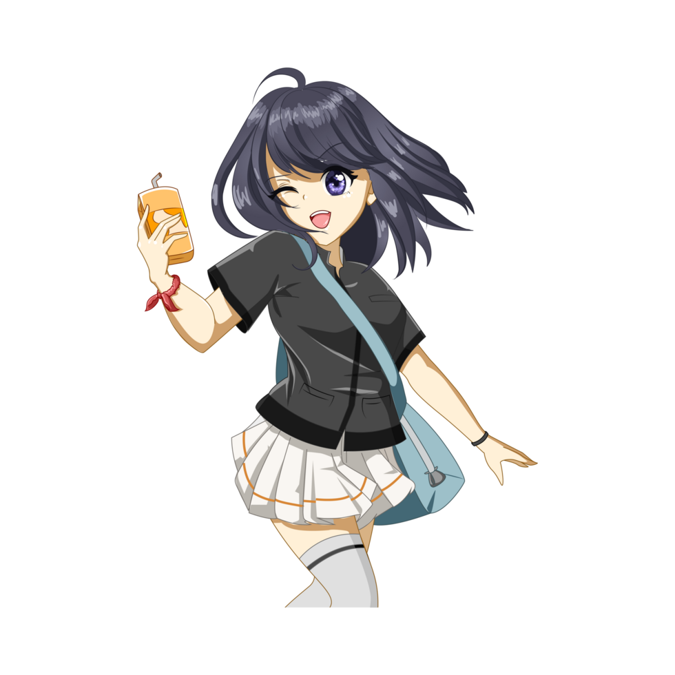 Anime girl holding a drink and a bag png