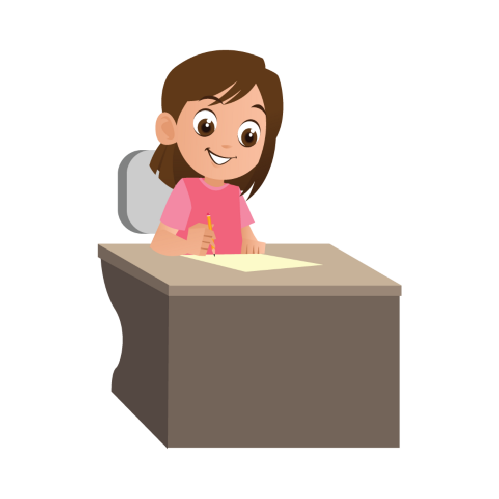 A cartoon girl sitting at a desk with a piece of paper png