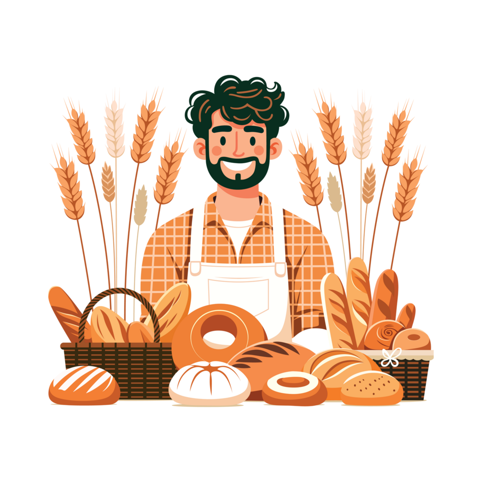 A man with a beard and bread is standing in front of a basket of bread png