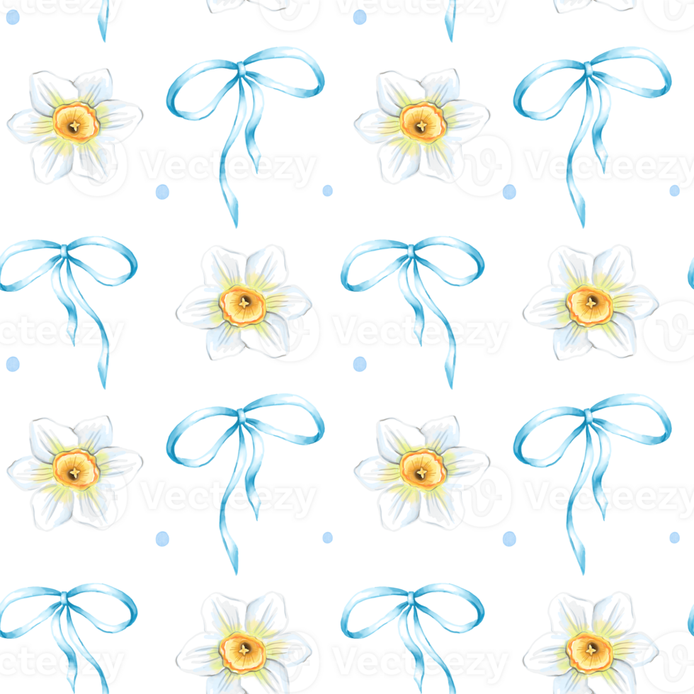 Seamless pattern with daffodils and blue ribbons png