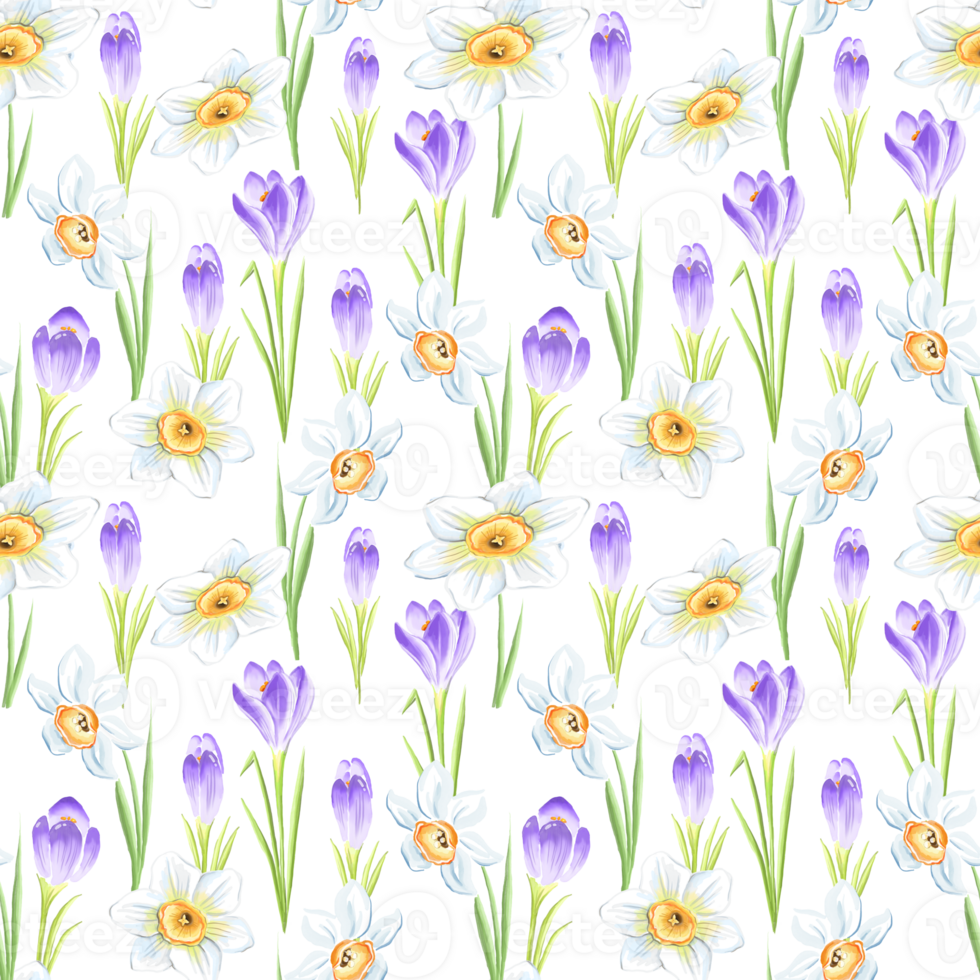 Crocuses and daffodils. Seamless pattern png
