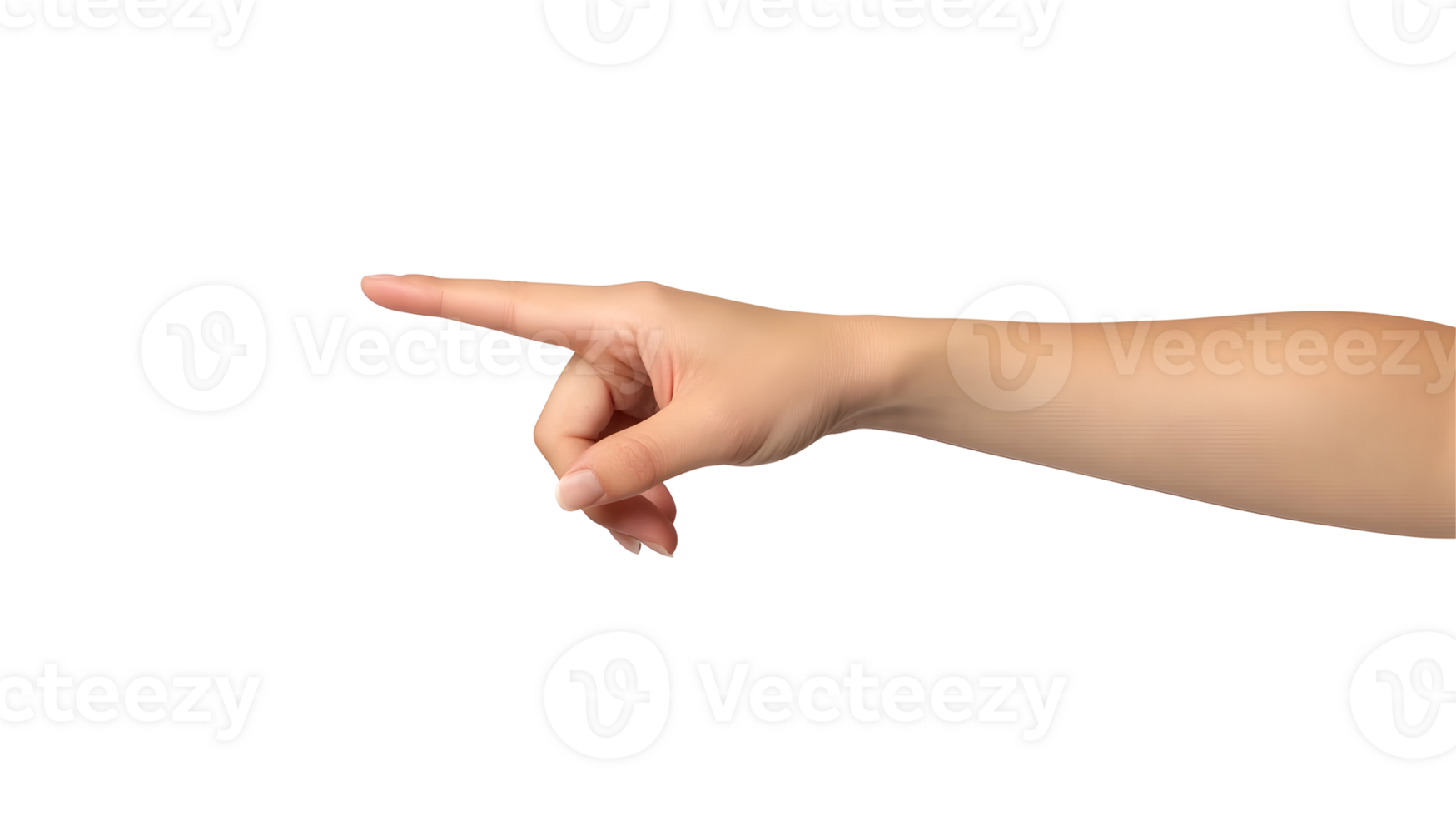 A fair skinned hand pointing to the left with a transparent background in a horizontal orientation png