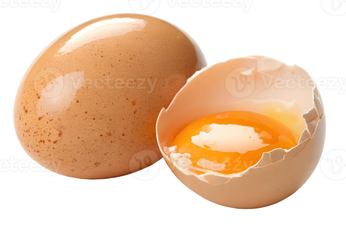 Close up of a whole brown egg next to a cracked egg showing the yolk on a transparent background studio shot png