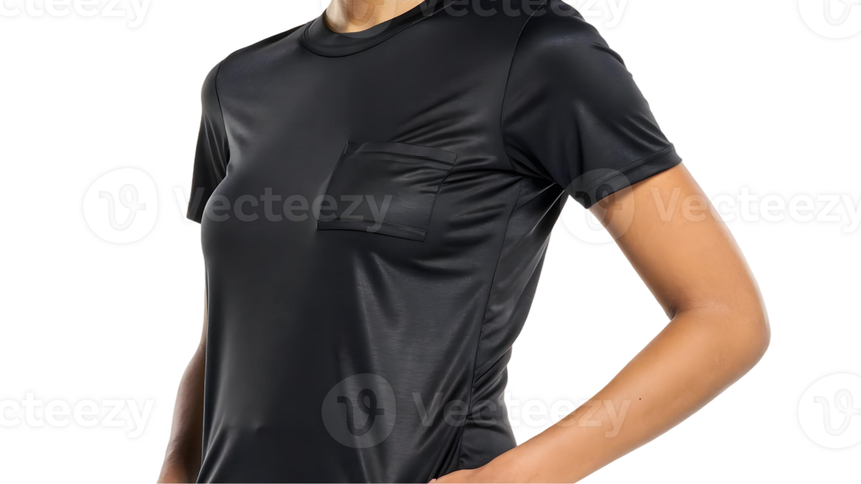 Close up of a woman wearing a black t shirt with a pocket on the front against a transparent background png