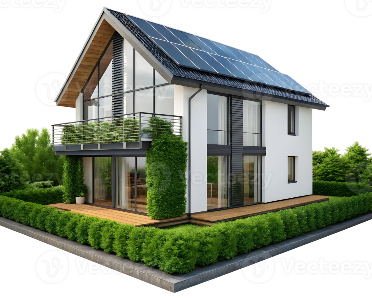 Modern house with solar panels and large windows surrounded by green hedges and lush trees png
