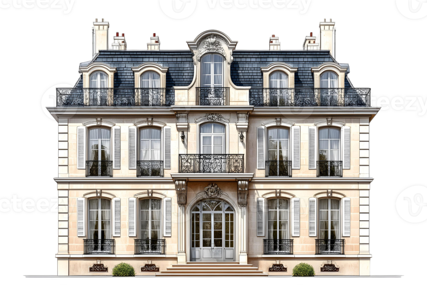Frontal view of a beige Parisian style building with balconies and a dark gray roof design png