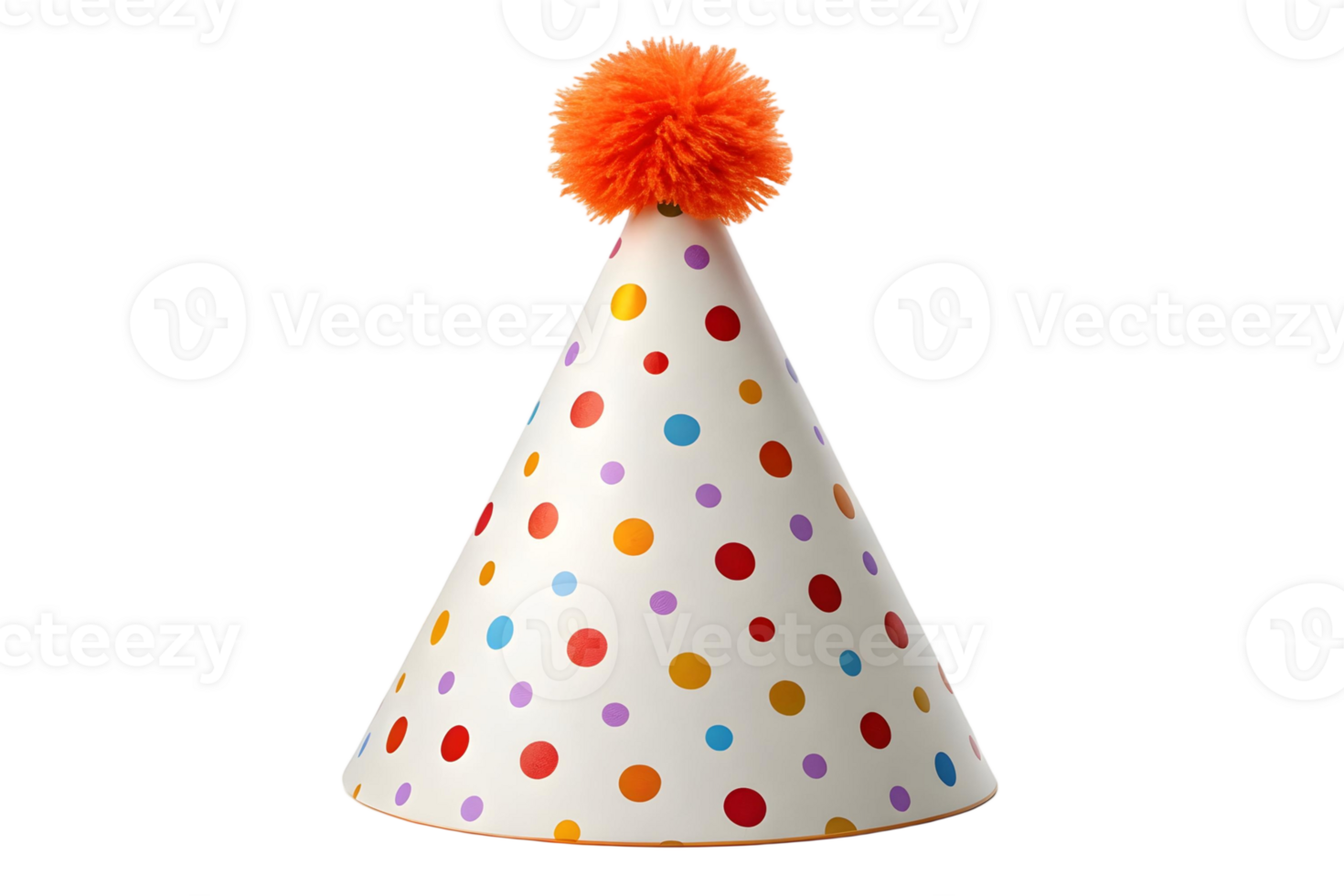 Isolated party hat with colorful polka dots and orange pom pom against a transparent background png