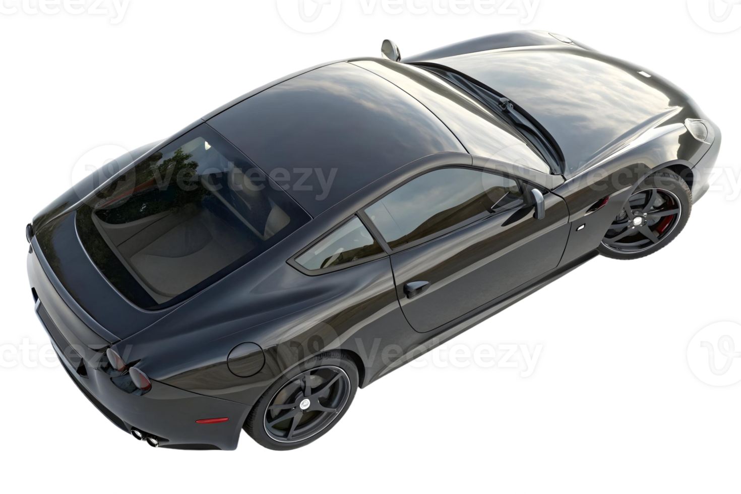 Aerial view of a sleek black sports car showcasing its aerodynamic design and glossy exterior finish png