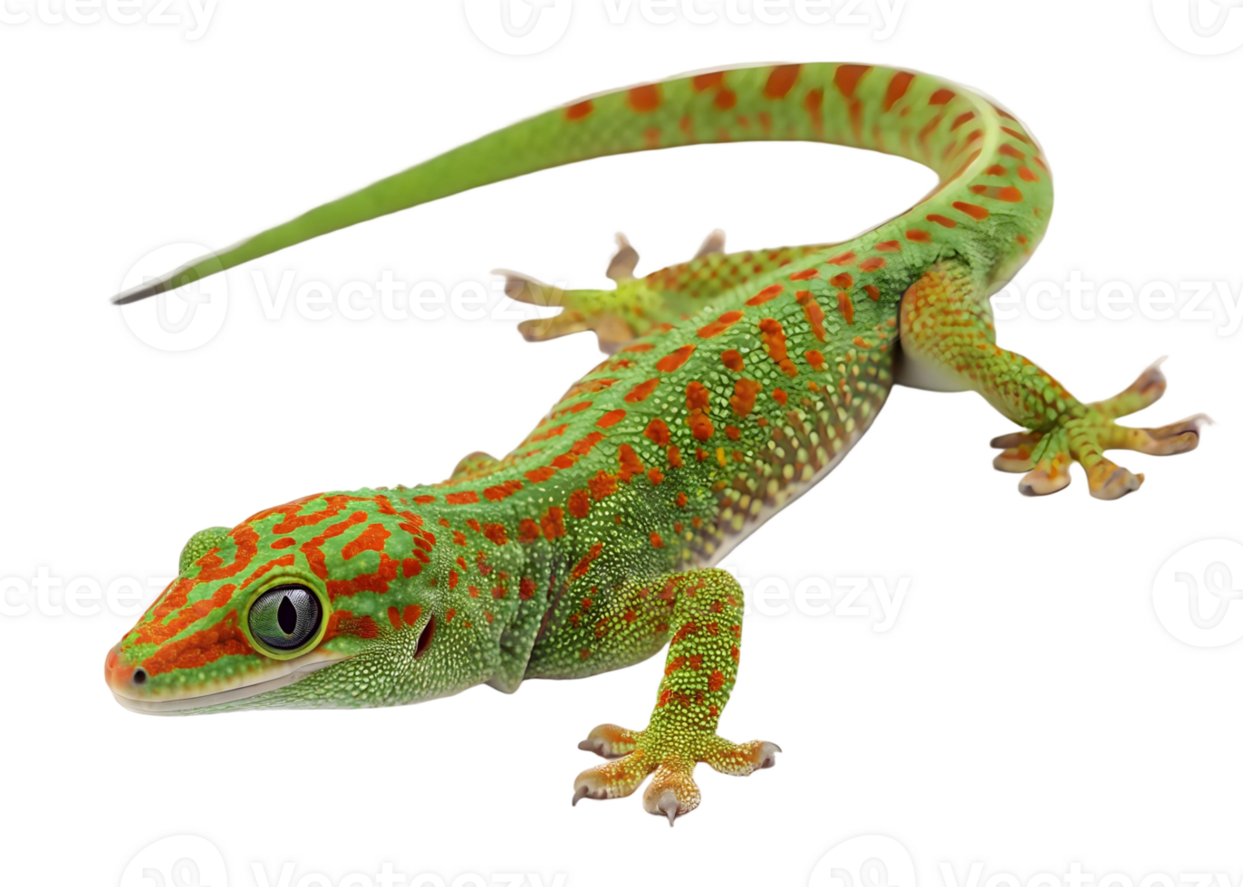 A green gecko with red spots crawling on a transparent background in a studio shot for stock photography png