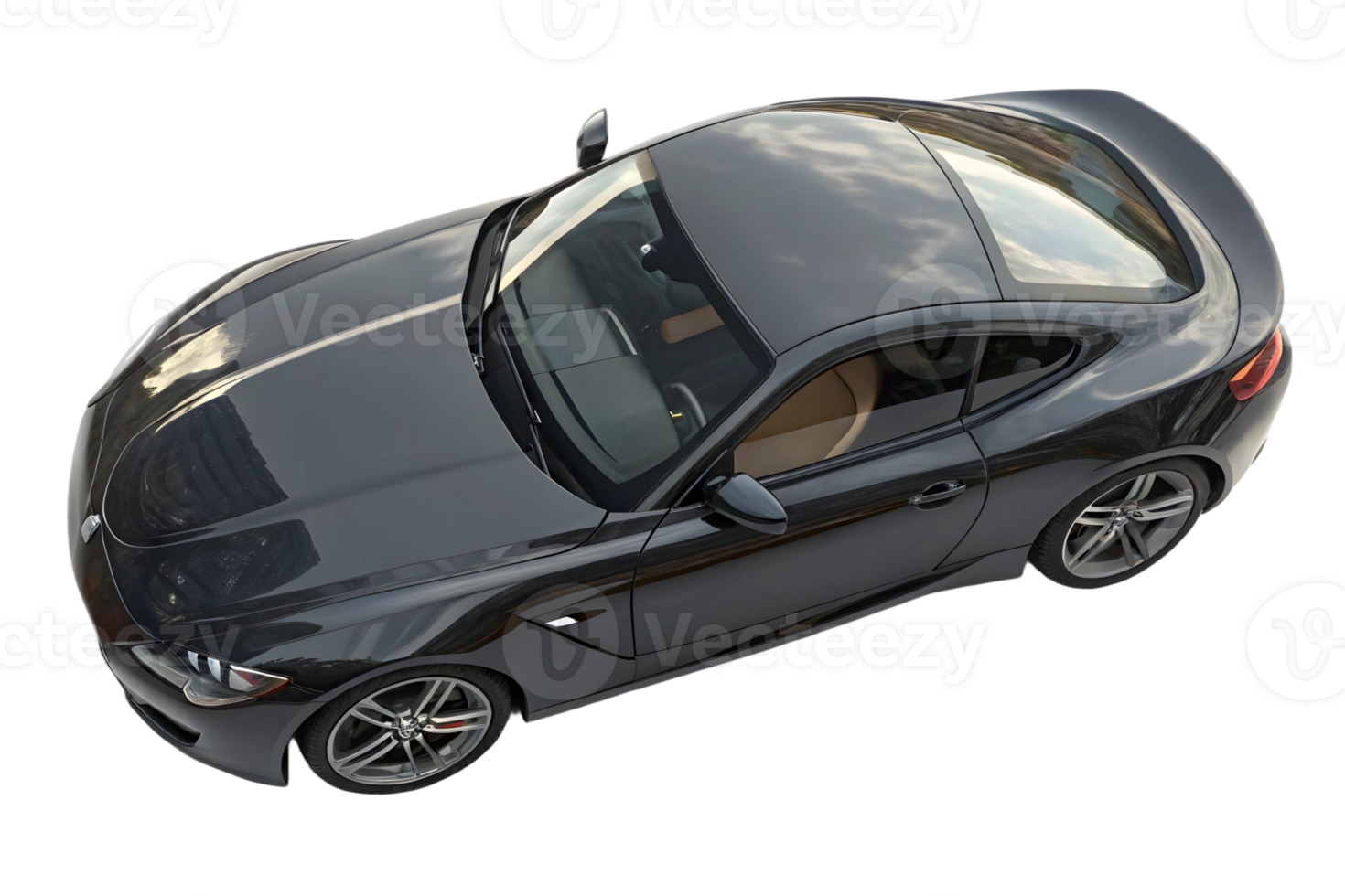 Aerial view of a sleek dark gray sports car with a glass roof on a transparent background studio shot png