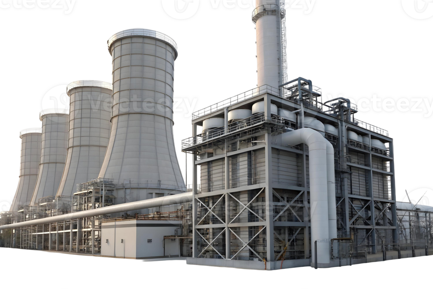 Industrial complex featuring cooling towers and a tall smokestack in a manufacturing environment png