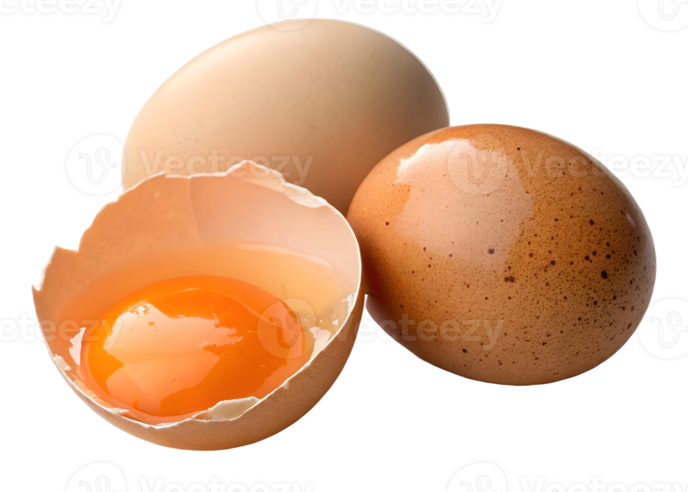 A close up of three eggs with one cracked open showing the vibrant yolk on a transparent background png