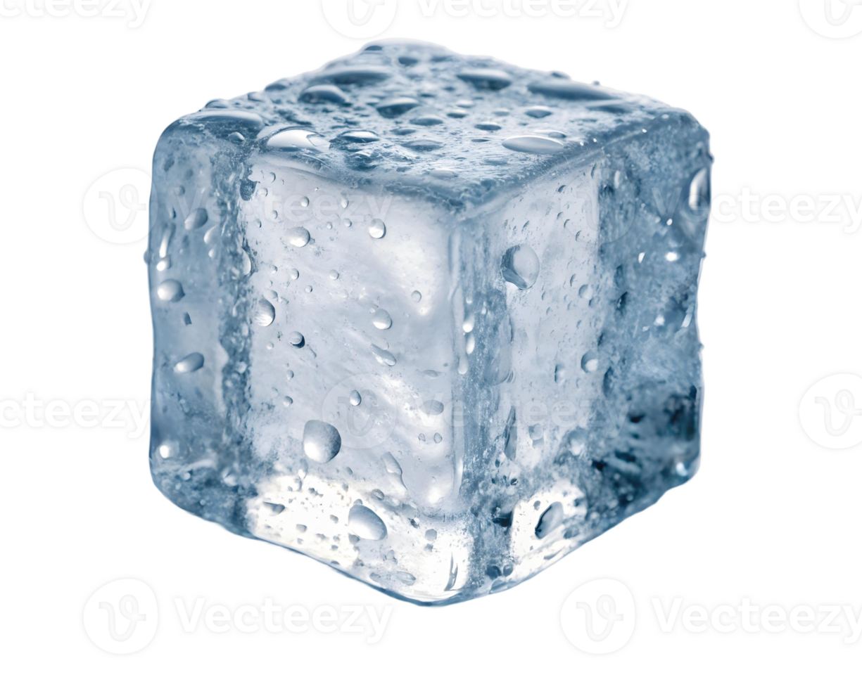 Single ice cube with water droplets on a transparent background in a studio shot close up and macro view png