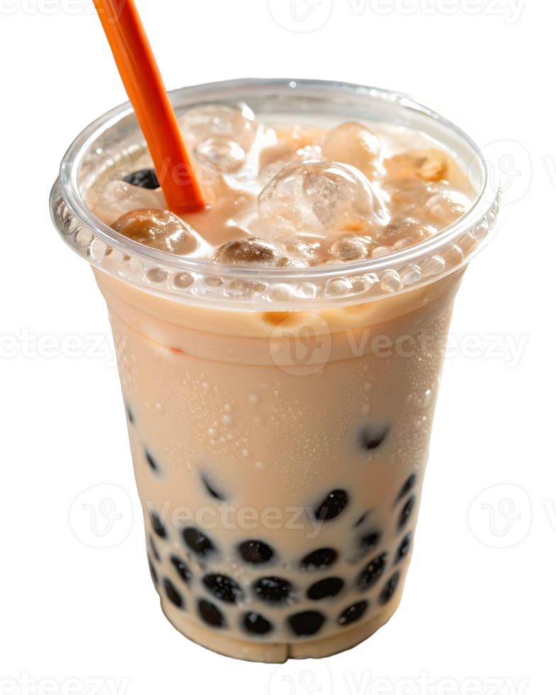 Iced bubble tea in a clear plastic cup with an orange straw against a transparent background studio shot png