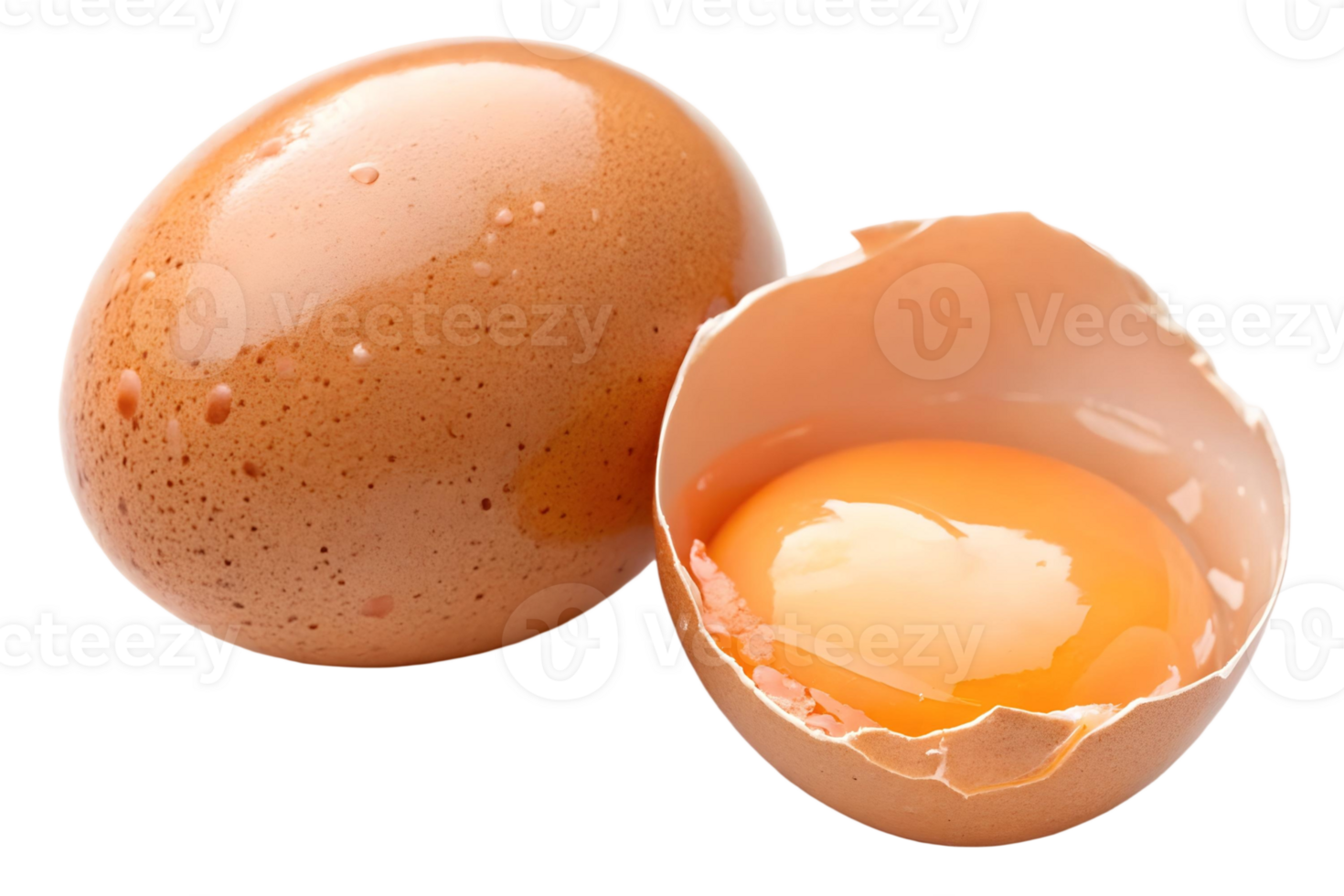 Two brown eggs one cracked open with yolk visible on a transparent background studio shot close up view png