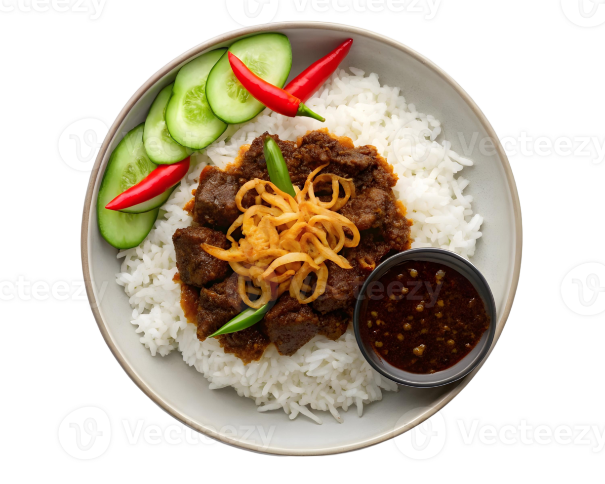 Overhead view of a bowl of rice with beef rendang, cucumbers, and chili peppers on a transparent background png