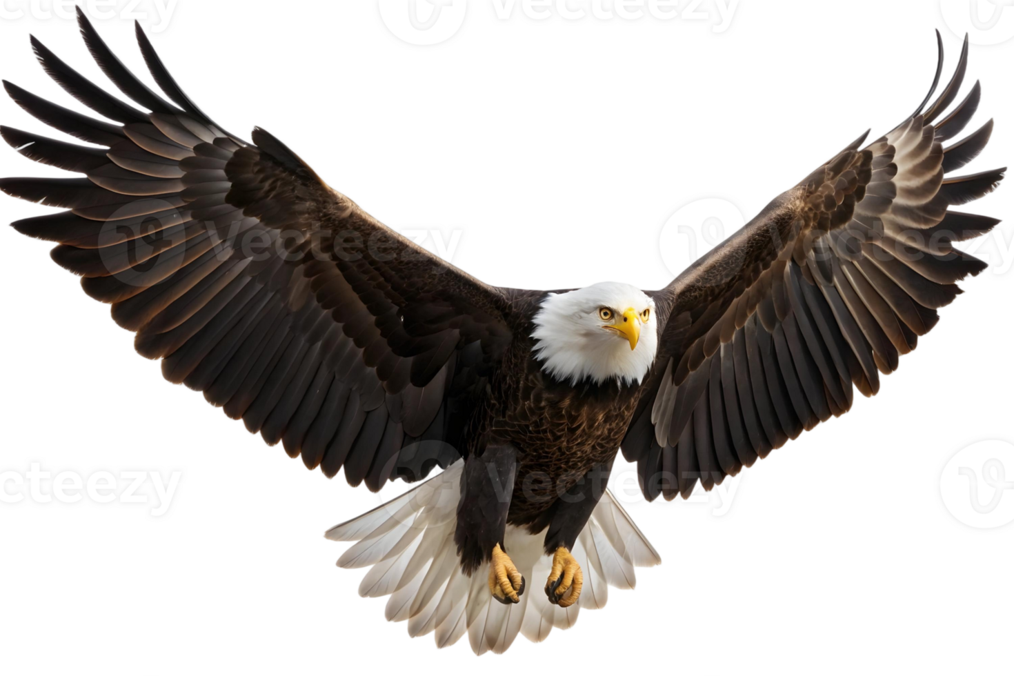 Majestic bald eagle soaring with wings spread wide against a transparent background in a powerful display png