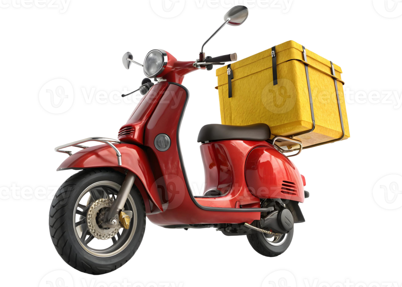 A red scooter with a yellow delivery box isolated on a transparent background in studio shot png