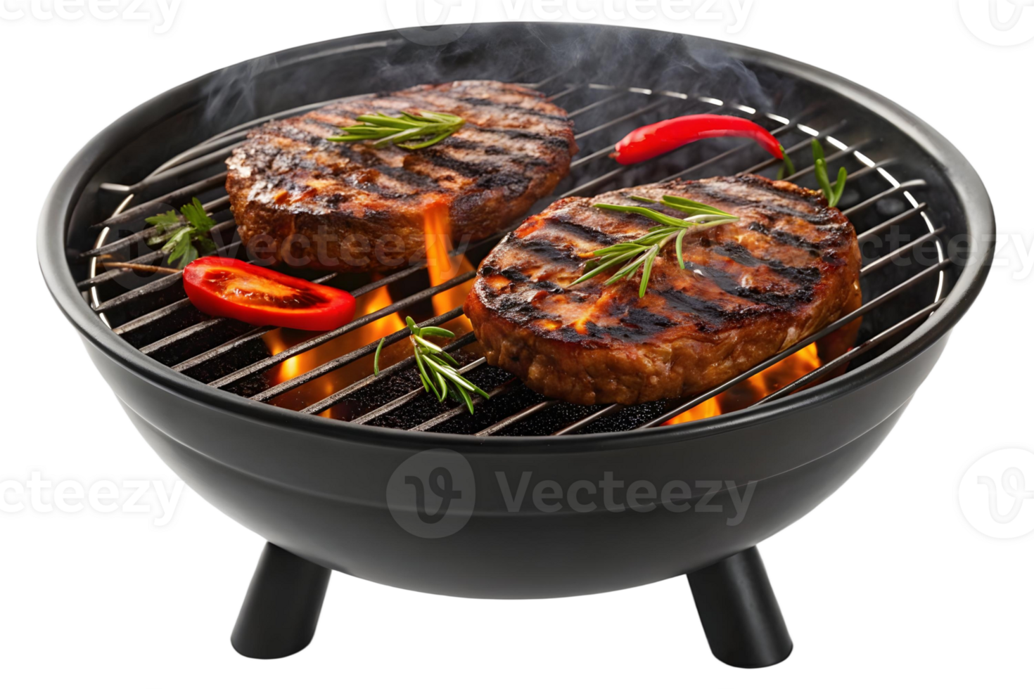 Two grilled burgers on a small black barbecue with rosemary and red pepper on a transparent background png