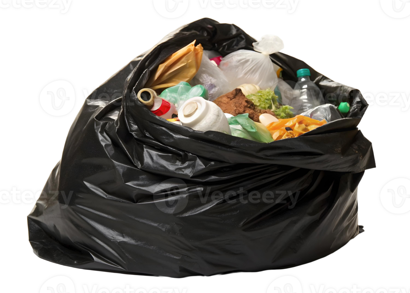 A full black plastic garbage bag overflowing with assorted waste on a transparent background png