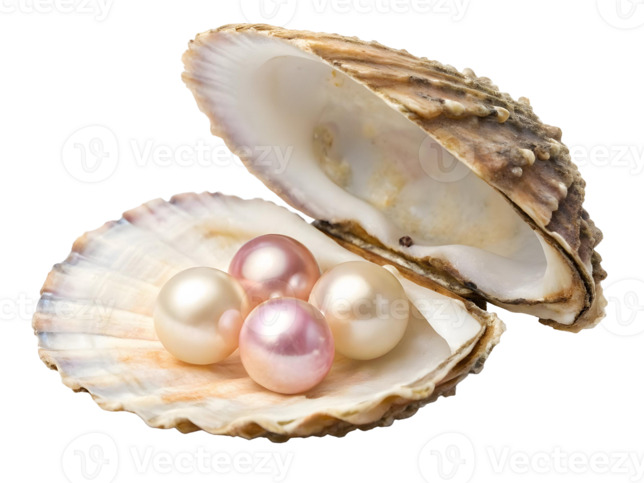 A seashell displaying several lustrous pearls in shades of pink and white on a transparent background png