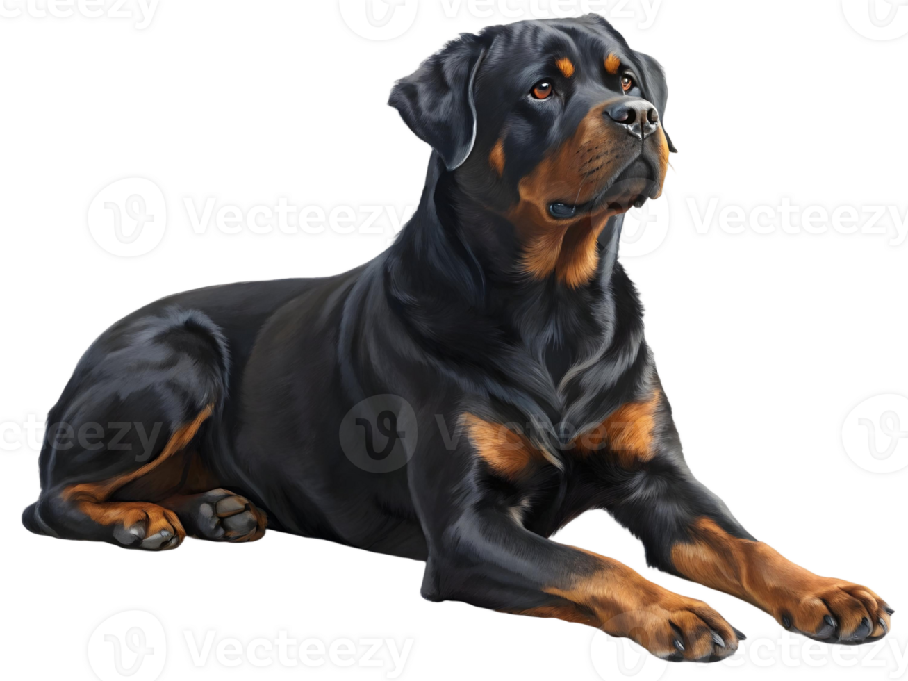 A rottweiler dog lying down with a black and brown coat and a transparent background looking to the side png