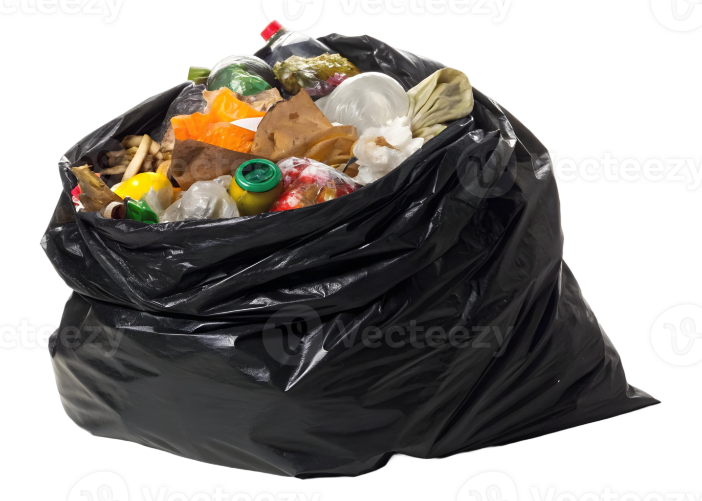 black trash bag overflowing with discarded food waste and household garbage on transparent background png