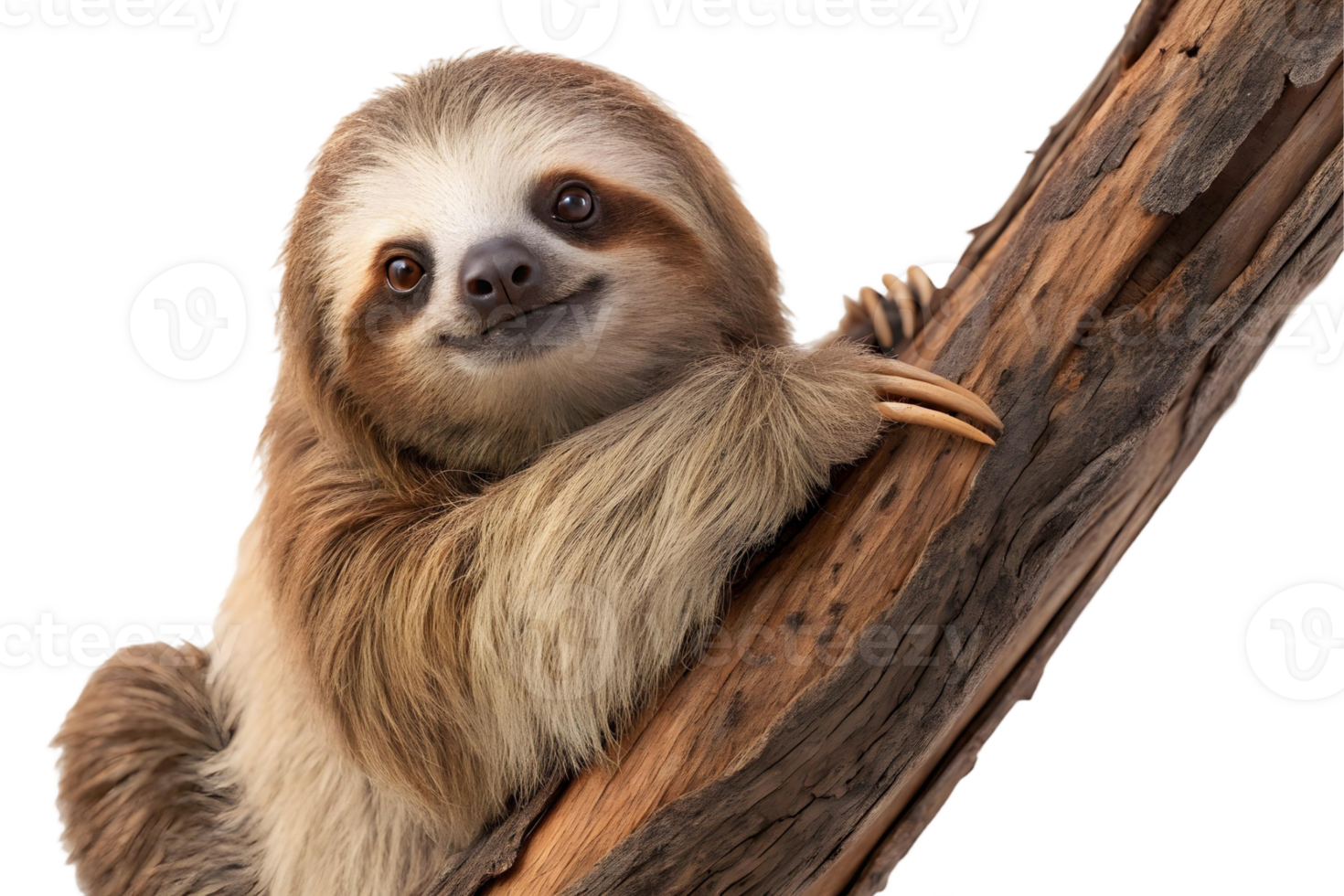A charming sloth clinging to a tree branch with a gentle smile on a transparent background png
