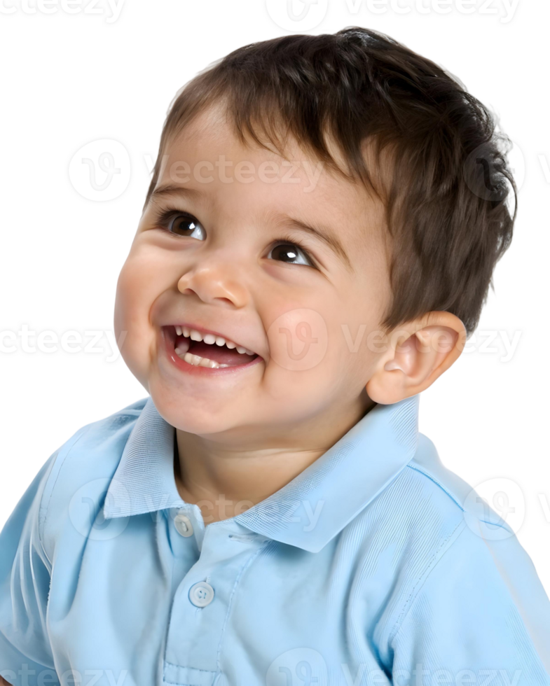 Smiling toddler in blue shirt looks up with a happy expression on a transparent background png