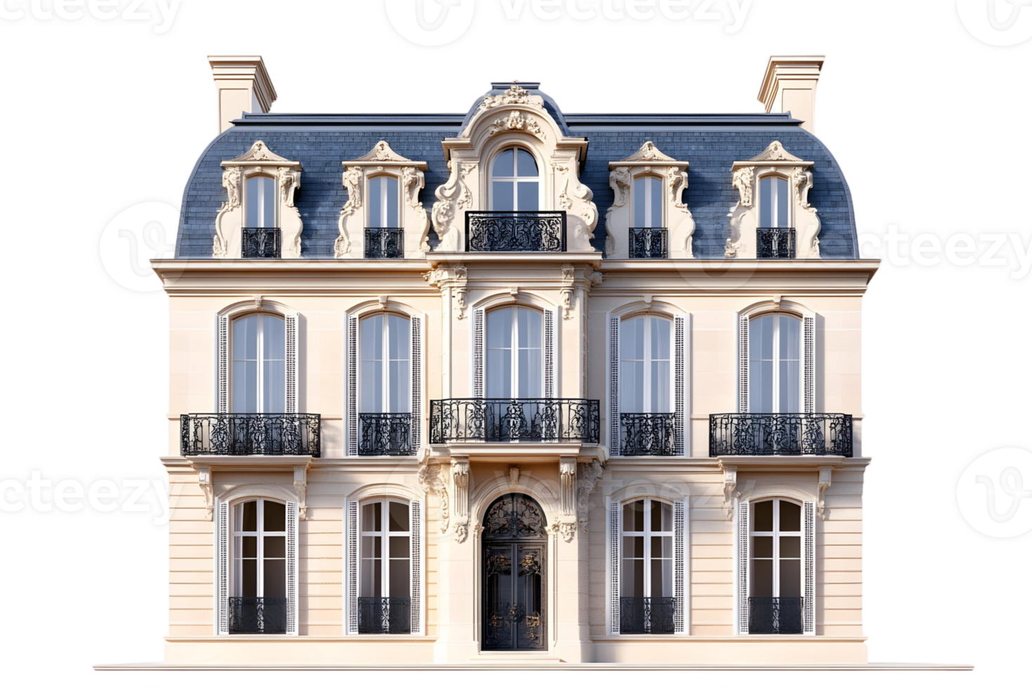 Elegant apartment building with ornate balconies and windows png