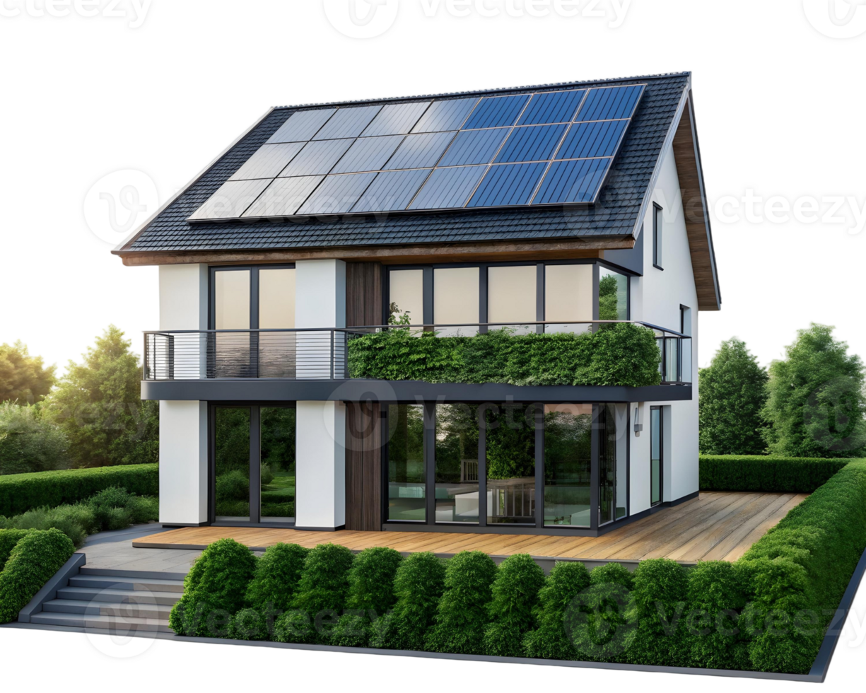 Modern house with solar panels on the roof and green plants on the balcony and around the house png