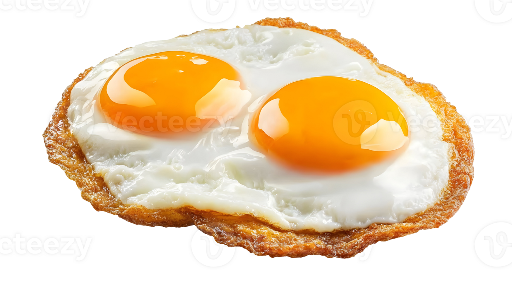 Two fried eggs sunny side up with golden yolks on a transparent background for breakfast or brunch meal png