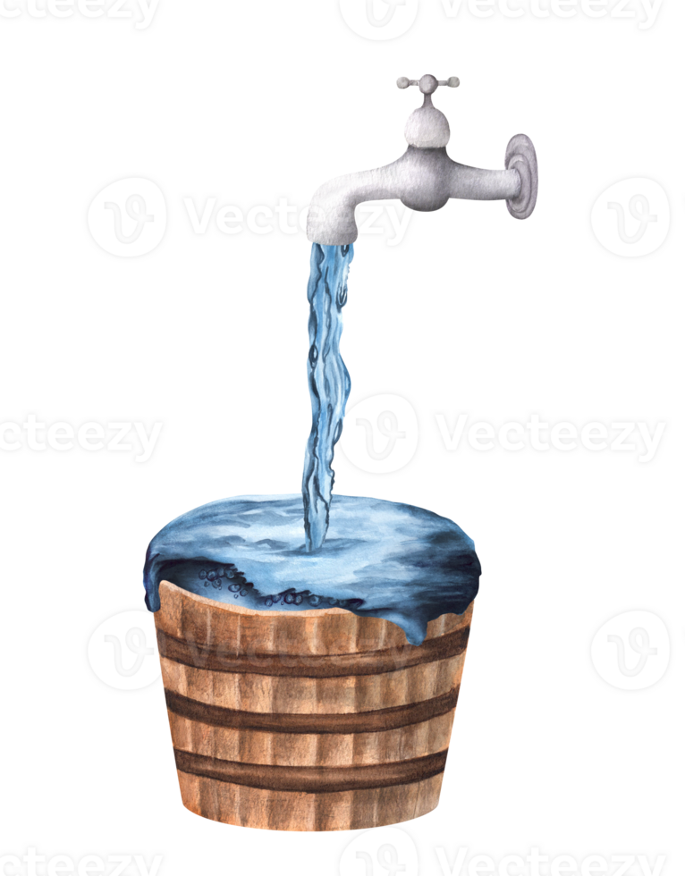 A faucet with flowing water and a wooden tub full of water. Gardening clipart. Old garden water tap with water jet. Garden watering. Hand-drawn watercolor illustration. For postcards, leaflets design png