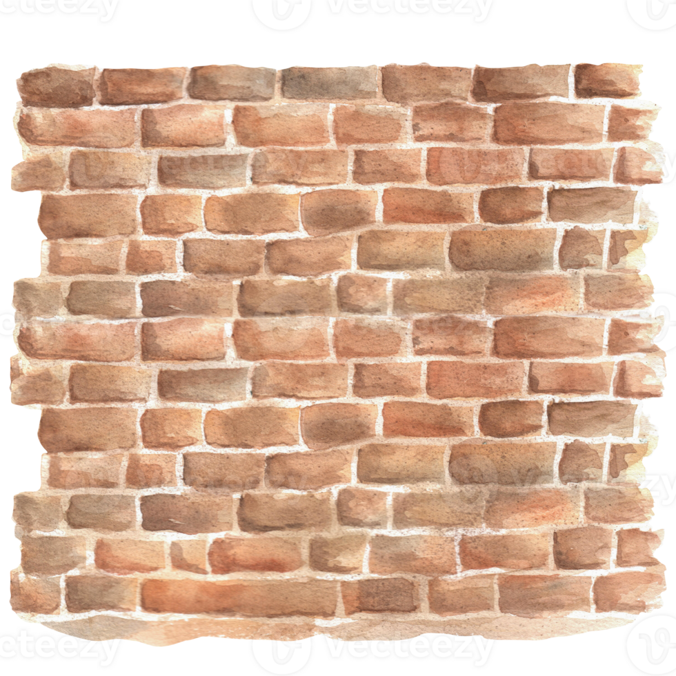 Natural watercolor brick wall with textured bricks. Brickwork. Red brown stone wall. Old garden clipart. Hand-drawn watercolor illustration. For background, scrapbooking design png