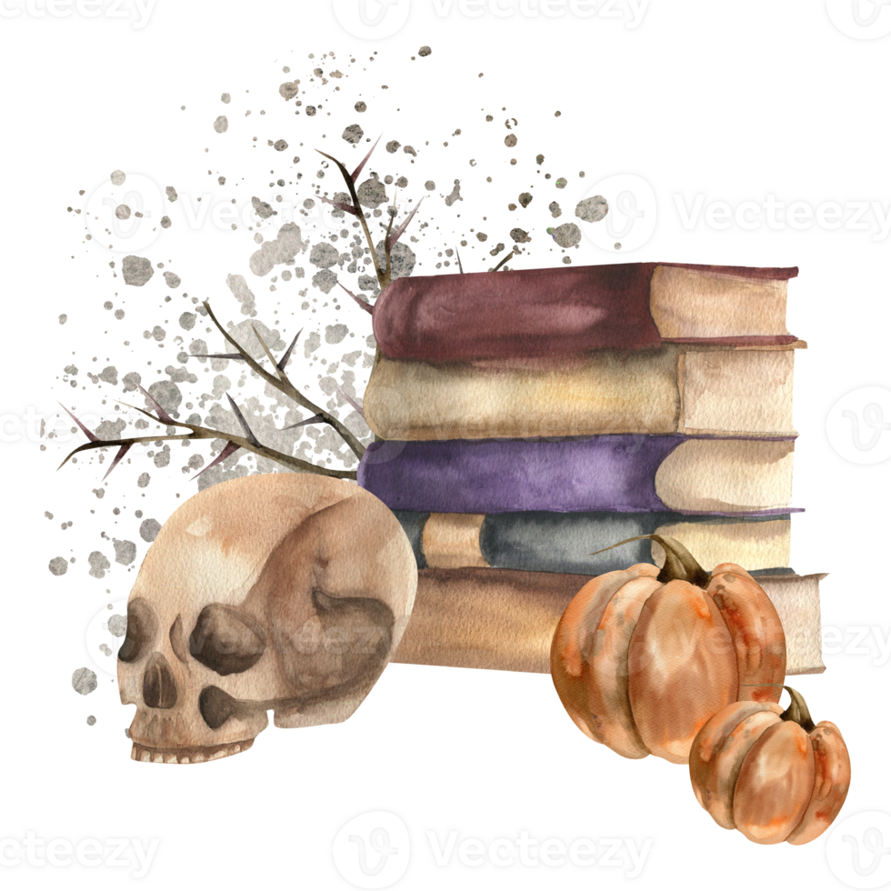 Mystic Halloween witch elements composition with watercolor books stack,human skull,pumpkins and thorns illustration. Hand drawn gothic esoteric clipart for seance card, spiritual poster design png