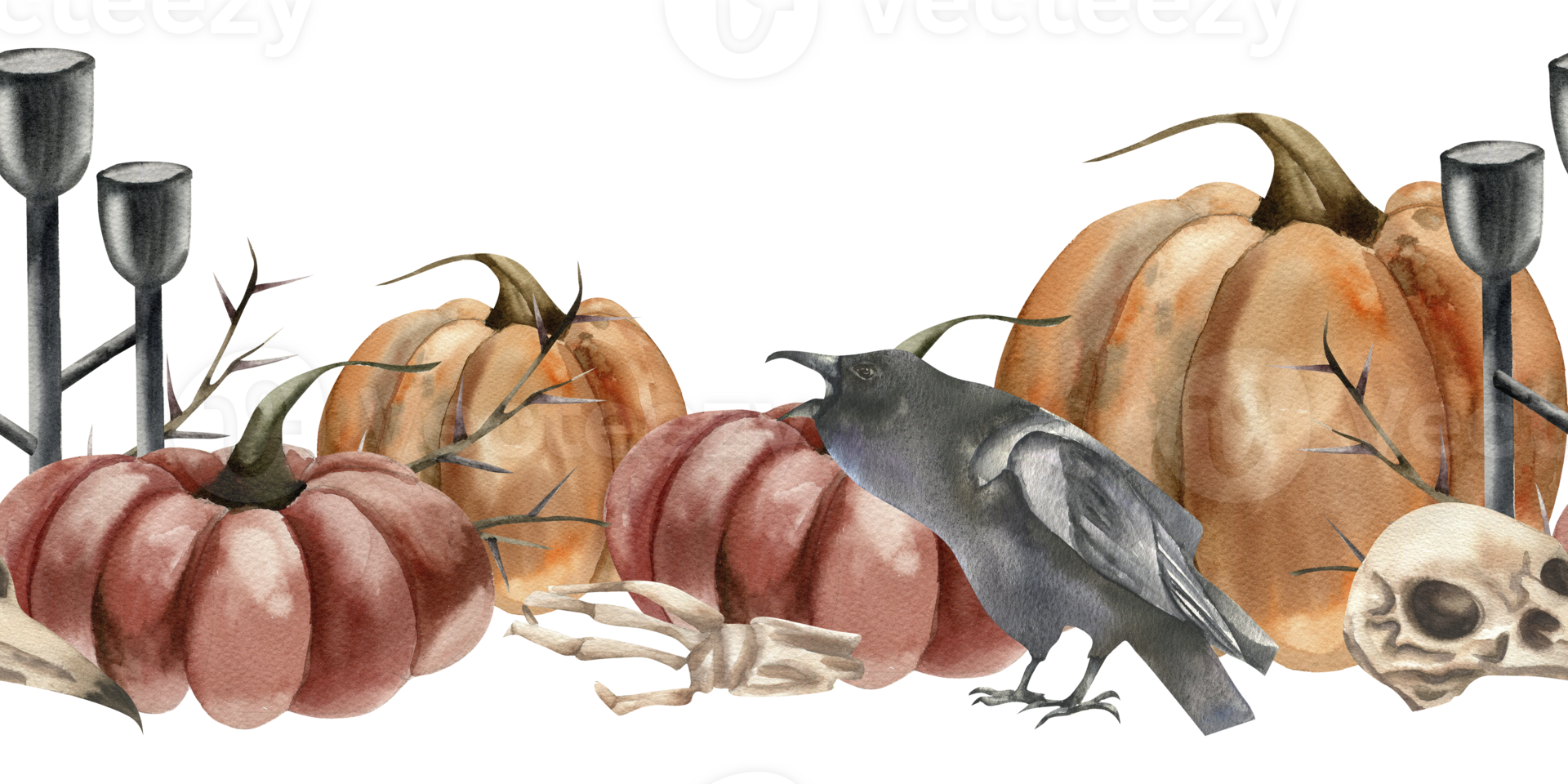 Autumn Halloween seamless border with orange and red pumpkins,black raven bird,skull and candlesticks watercolor illustration. Hand drawn gothic banner with bones and dead symbol for concept design png