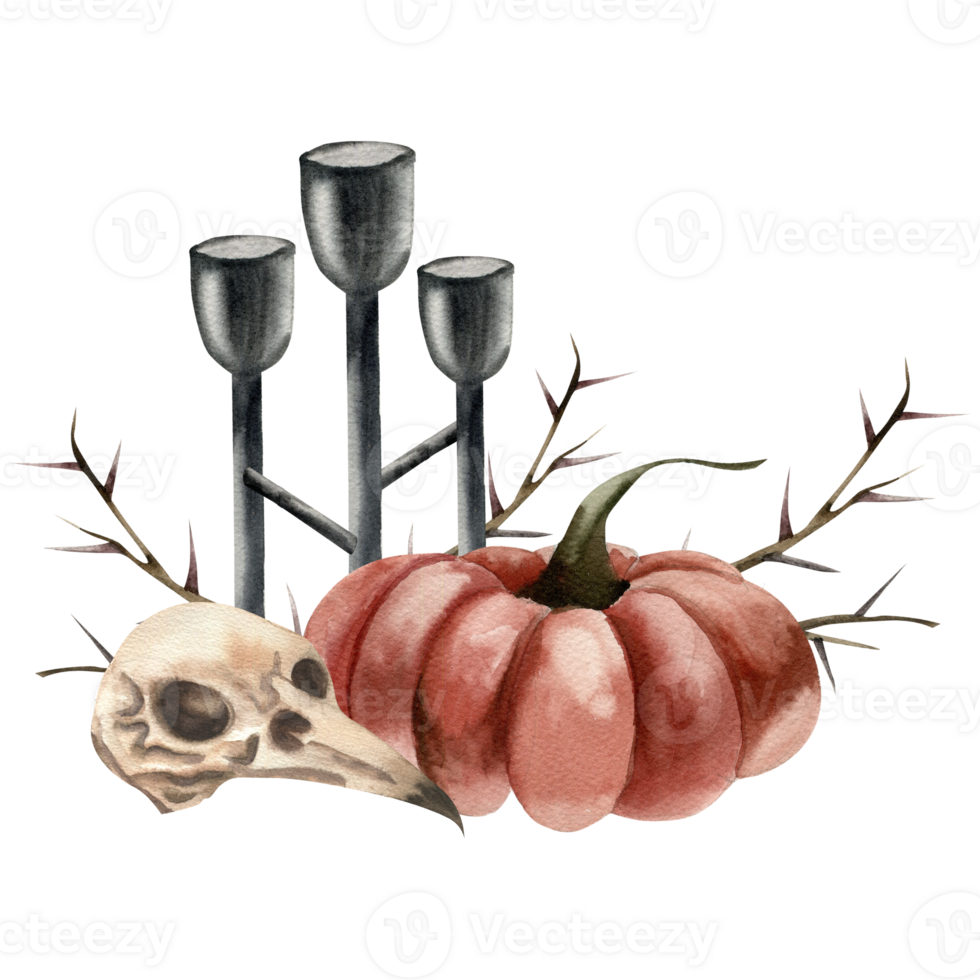 Gothic Halloween composition with ravel skull, red pumpkin and black candle stick watercolor illustration. Hand drawn scary autumn clipart for esoteric, card,poster design. Dead bird and floral decor png