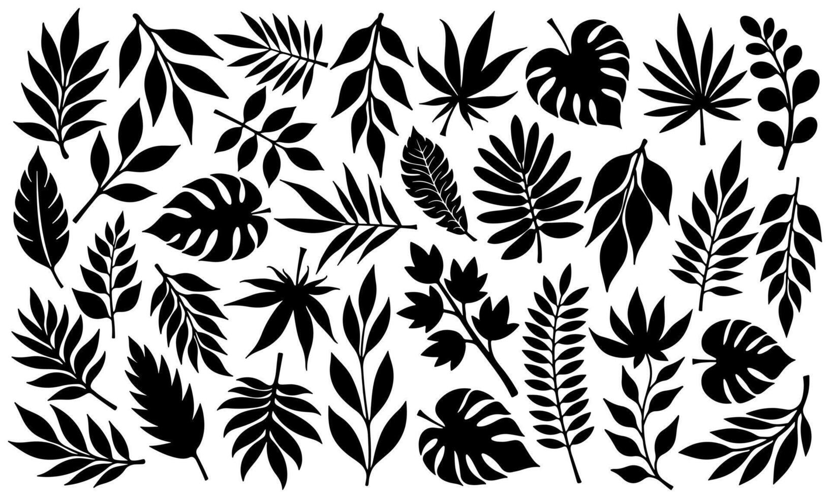 Set of black tropical leaf silhouettes in flat style. Jungle foliage collection isolated on white background. Ideal for botanical design, logos, decorations, eco products, and nature projects. vector