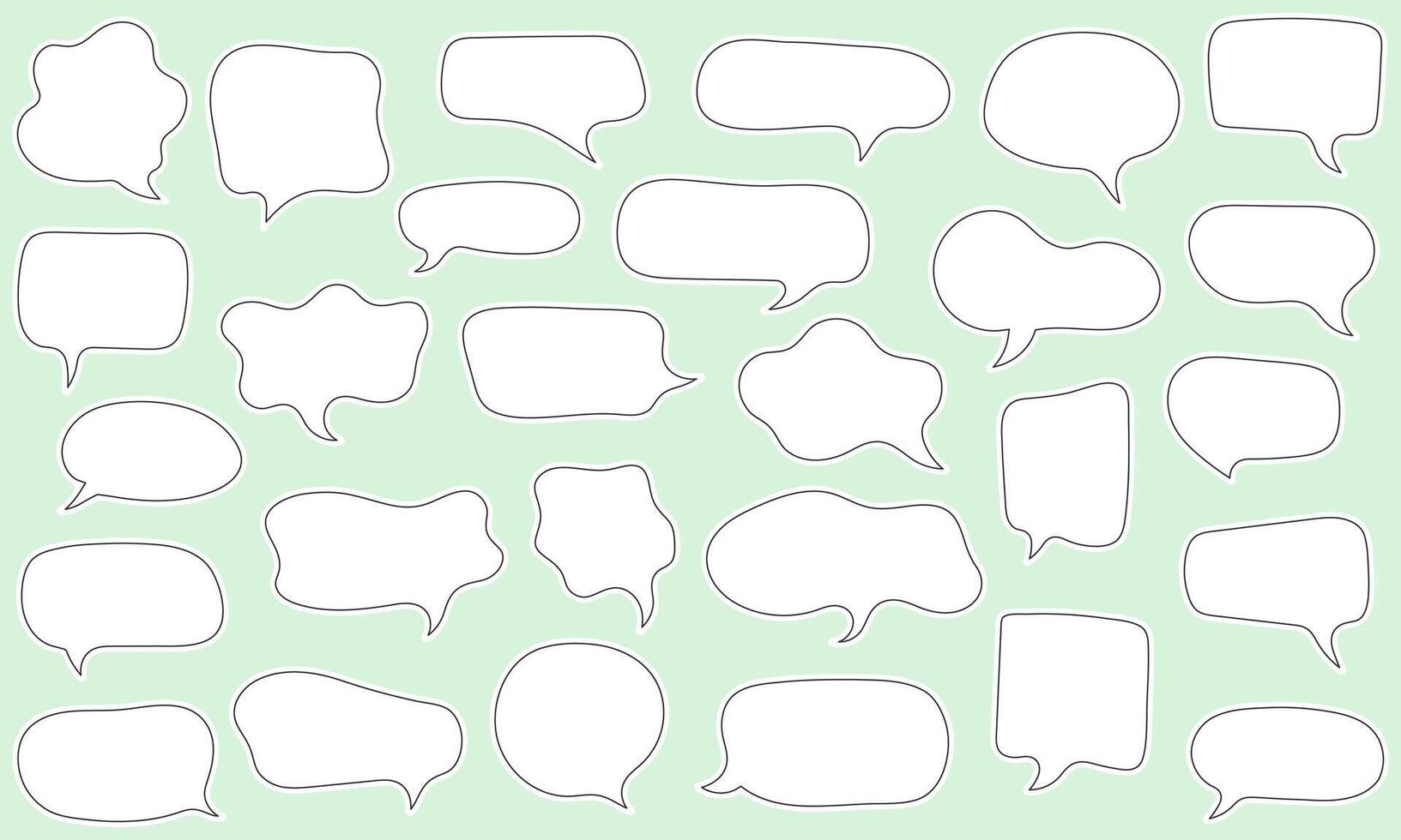 Hand drawn white speech bubble set with black outline on muted mint background. Cartoon doodle style text frames collection. Illustration for communication and design concepts. vector