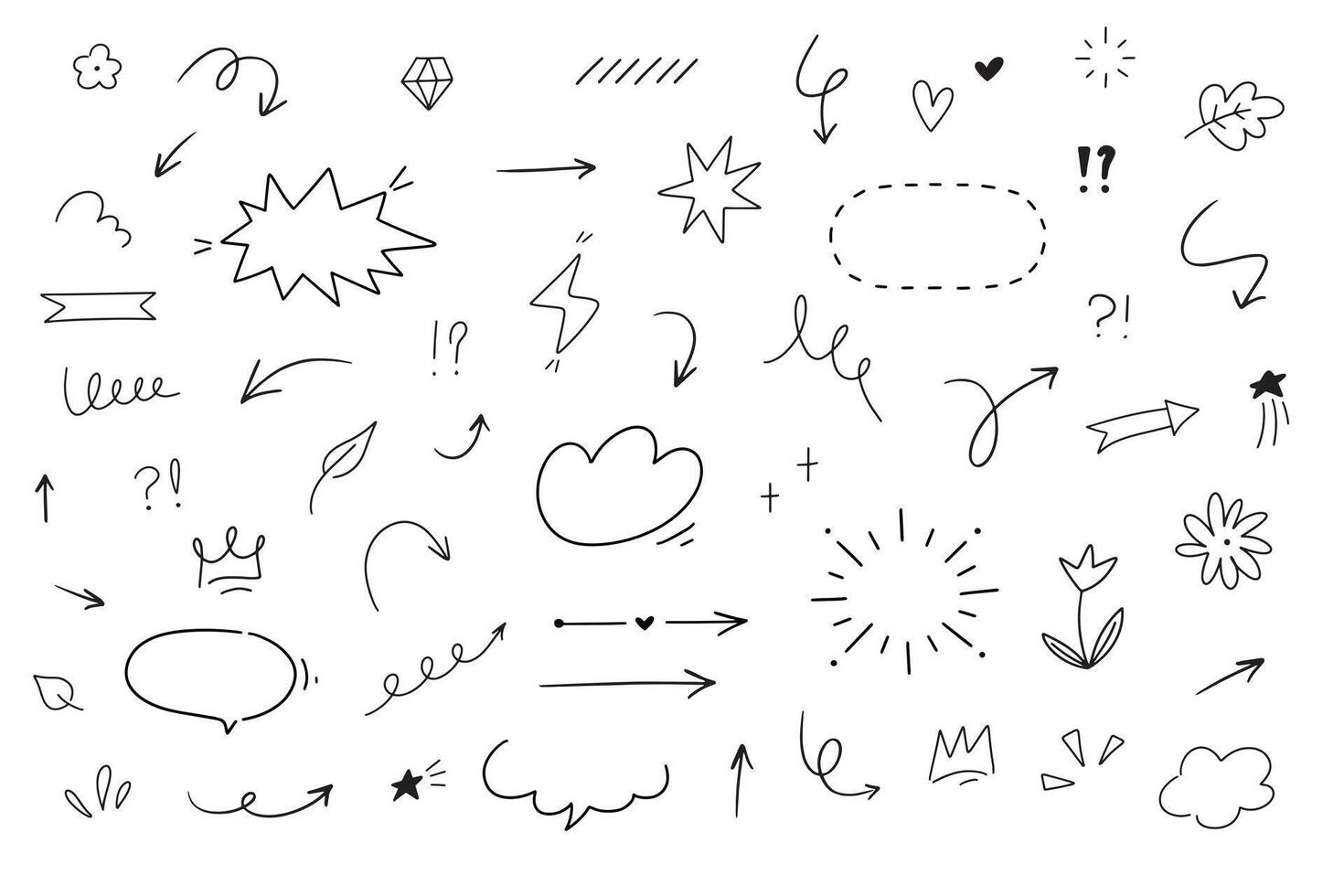 Hand drawn different line elements. Sketch style arrows, scribbles, stars, speech bubbles and underlines. Grunge element set. vector