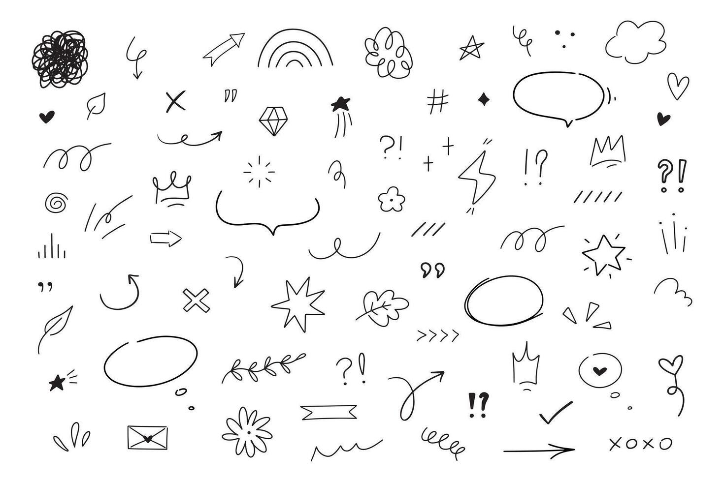 Different line elements. Sketch style arrows, scribbles, stars, speech bubbles and underlines. Grunge element set. vector