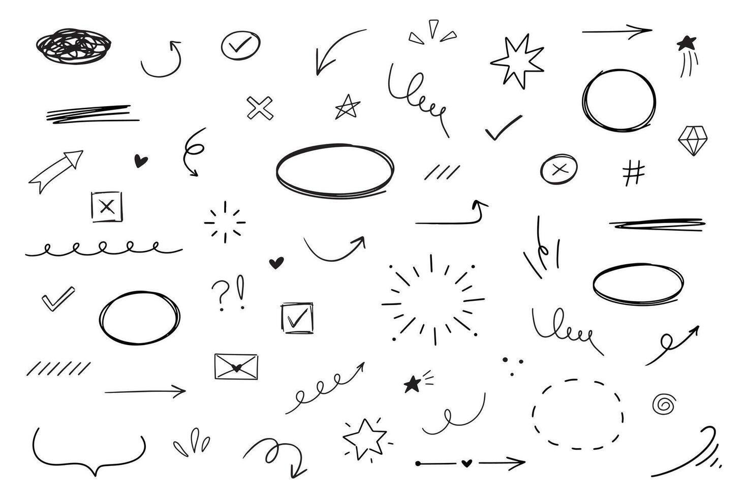 Different line elements. Doodle sketch style arrows, scribbles, stars, speech bubbles and underlines. vector