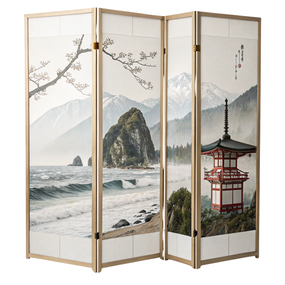 A folding screen with a japanese painting on it png