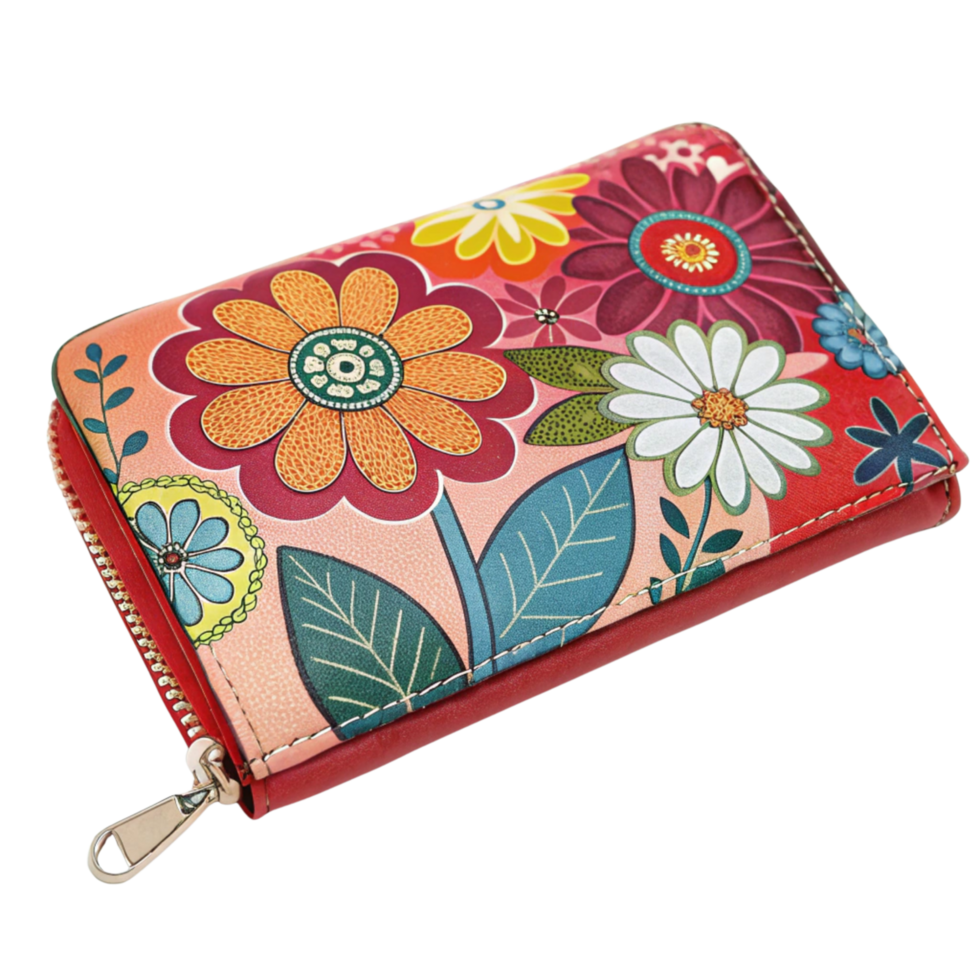A colorful wallet with a design isolated on a transparent background png