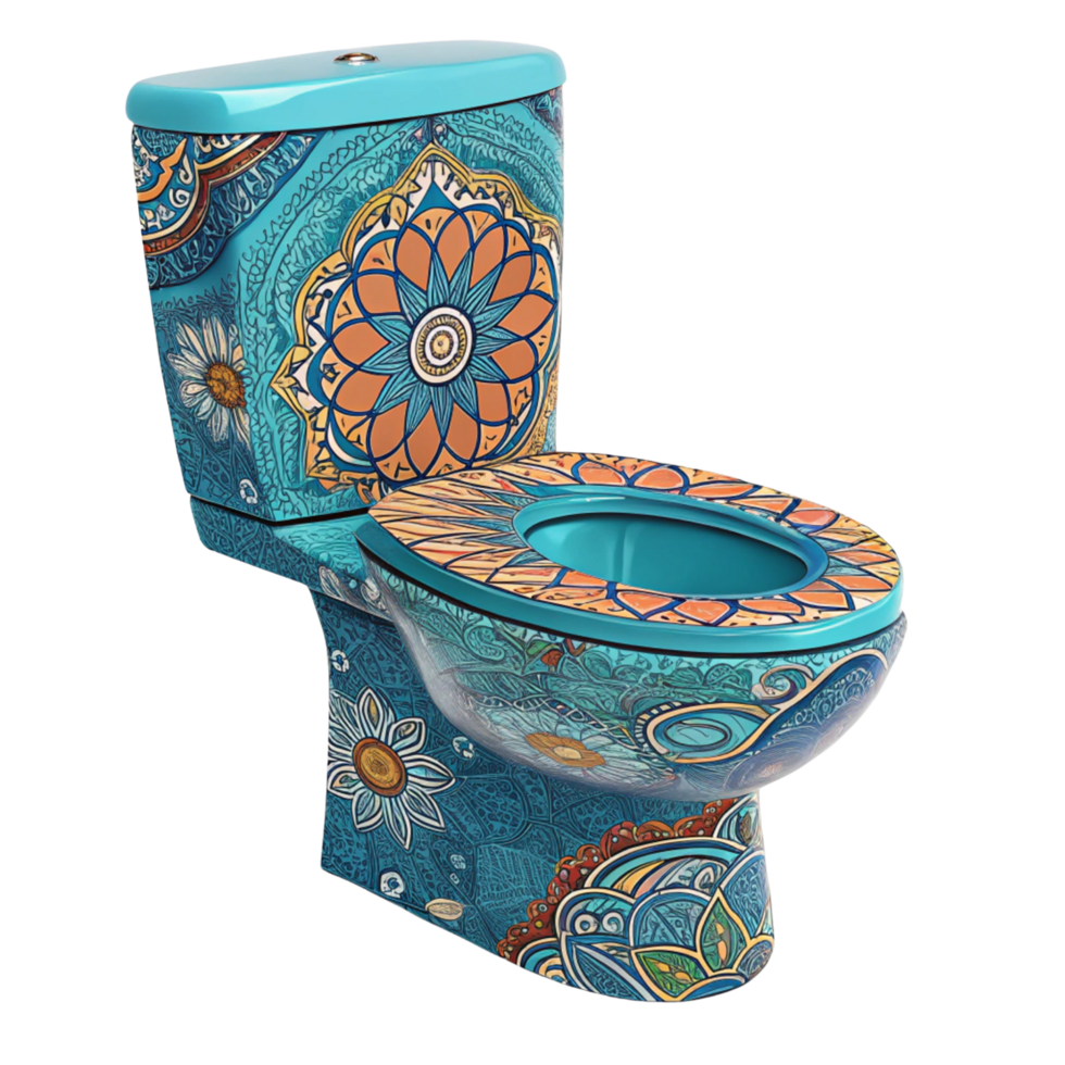 A colorful toilet with a blue seat and a turquoise lid png